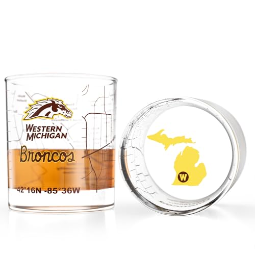 Image of Greenline Goods Western Michigan University Broncos Whiskey Glasses Set of 2, 10 oz Rocks Glasses with Full-Color Logo & Campus Map - Officially Licensed Bourbon Glass Gift for Alumni & Fans