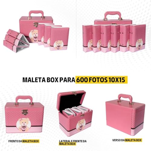 Maleta Baú 10x15 600 fotos 6 Álbuns Fotográficos URSINHA ROSA Menina Bebê Infantil Box