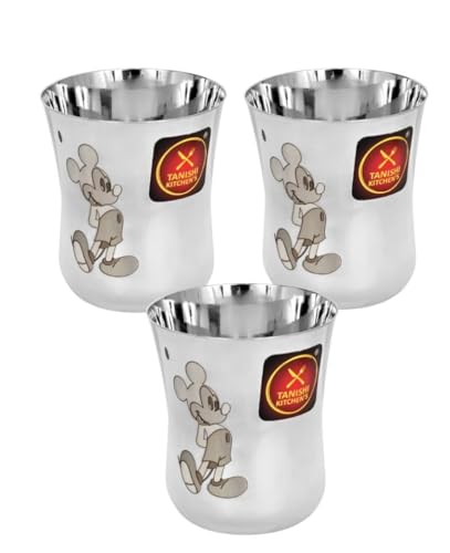 Image of TANISHI KITCHEN'S Stainless Steel Mickey Character Small Glass- Set of 3, 100ml Each | Safe & Fun Drinkware for Kids | Cartoon-Printed, Break-Resistant & Dishwasher Safe
