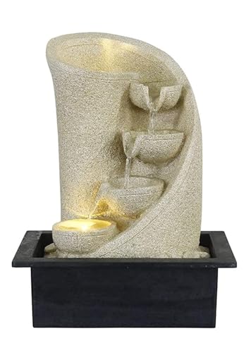 Image of UAG EXPORTS Modern 3-Step Curve Diya Indoor Water Fountain with LED | Cream Sandstone Tabletop Waterfall | Soothing Cascading Showpiece for Home Decor, Office, Mandir & Meditation Space
