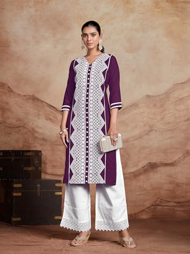 Image of EthnicJunction Women's Cotton Rayon Regular Fit Chikankari Embroidery Stright Kurta