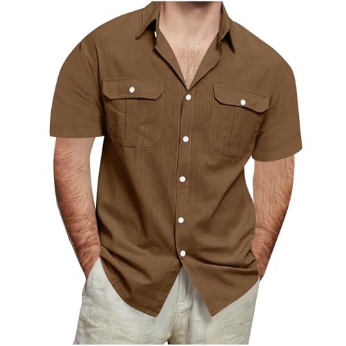 Linen Shirts for Men Western Short Sleeve Western Shirt Cowboy Casual Two Pockets Cotton Linen Stylish Work Shirts