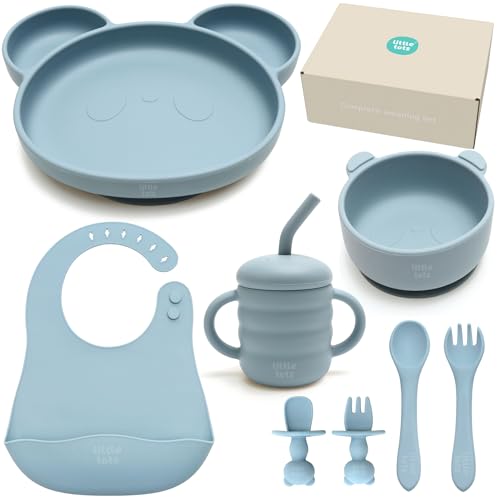 Little Tots® - Juego de 8 piezas de silicona para destete con ventosa y pajita, cuchara para bebés con pajita, tenedor, tenedor de destete y cuchara, juego de 8 piezas de alimentación para bebé