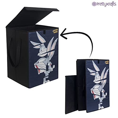 Image of PrettyKrafts 75 L Non Woven Bugs Bunny Rectangular Foldable Large Laundry Bag /Basket With Lid & Handles, Freestanding Clothes Storage Organizer for Bedroom (36x36x53cm, Black, Set of 1)