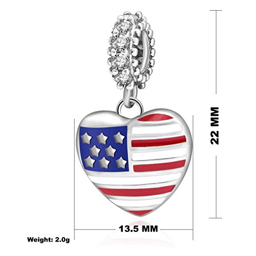 Abun American Usa Flag Heart Charms 925 Sterling Silver Patriotic Love Beads Fits European Charms Bracelet (Dangling Heart) #TOP1