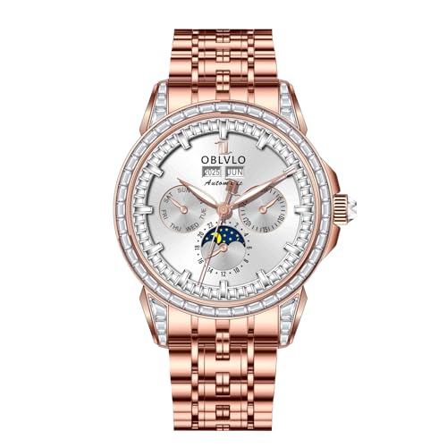 Image of OBLVLO Luxury Men's 316L Stainless Steel Moonphase Automatic Watch Diamond Bezel 24-Hour Multifunction Mechanical Bracelet Watches GCM-MUT, GCM-MUT-PWPS, Modern