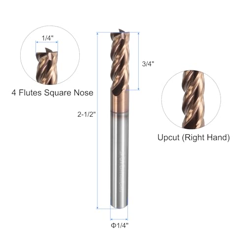 Image of uxcell Carbide Square End Mill, 1 /4 inch Dia TiSiN Coated 4 Flutes Milling Bit Cutter, for Hardened Steel Stainless Steel Cast Iron, 1 /4 inch Shank 3 /4 inch Cut Length 2-1 /2 inch Long HRC55