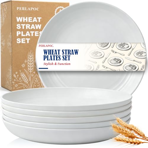 Image of Wheat Straw Dinner Plates Set of 6, 11In Big Deep Dish Plate,White | Unbreakable Kitchen Plates, Microwave Safe & Dishwasher Safe for Party, RV, Dinner