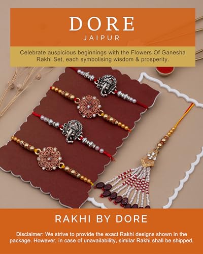 Image of HYPERFOODS House of Treats Rakhi Combo With Sweets Indian Sweets Gift Pack of 4 Kaju Katli Milk Cake Anjeer Chakkar Kesar Roll 200G each Flowers of Ganesha Rakhi Set of 5 With Roli & Rice
