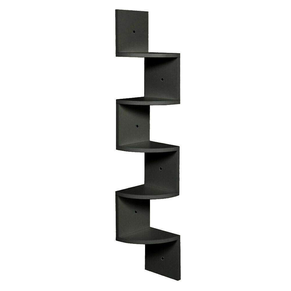 5 TIER BLACK & WHITE FLOATING WALL SHELVES CORNER SHELF STORAGE DISPLAY BOOKCASE (Black)