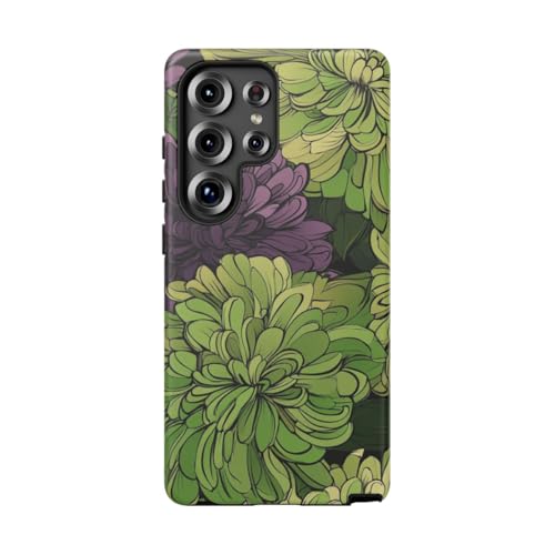Coque Samsung S25 Ultra rigide mate - Motif floral chrysanthème vert violet antichoc
