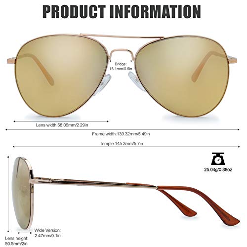Image of The Fresh Classic Aviator Sunglasses for Men Women, Metal Frame Mirror Lens, Pilot Style, Includes Cleaning Cloth, Pouch