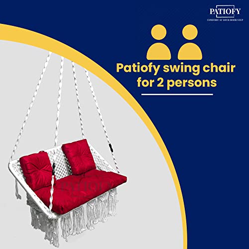 Image of Patiofy Premium Double Seater Swing / 2 Seater Swing for Balcony /Double Seater Swing Chair /Swing for Adults for Home for 2 People /Includes Large Red Sitting Cushion & 2 Small Back Cushion (White)