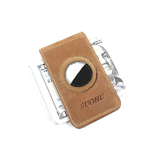 Crazy Horse Leather Strong Magnetic Money Clip for Men Slim Minimalist RFID Blocking AirTag Holder Front Pocket Wallet (S Brown)
