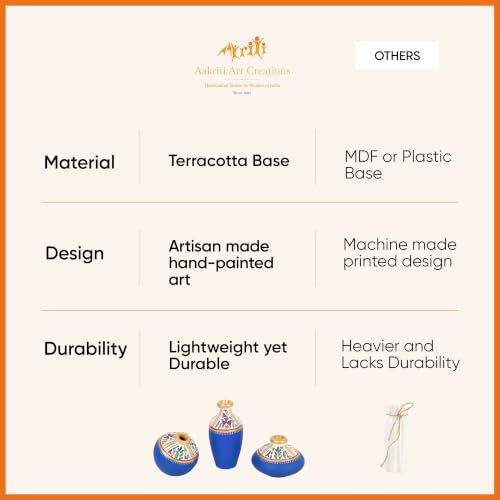 Image of Aakriti Art Creations Rustic Charm Trio Vase Set of 3 | Hand-Painted Warli Art Terracotta Vases in Blue | Matte Finish Decorative Vases for Living Room, Table Decor & Gifting