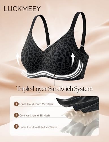 LUCKMEEY Jelly Wireless Bras for Women Push Up Plunge Supportive Seamless T-Shirt Bras No Underwire Supportive Full Coverage Bra Black Leopard Large - image 5