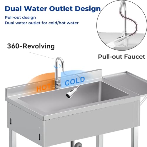 Image of Foldable Stainless Steel Utility Sink, Freestanding Sink with Hot & Cold Water and Folding Side Table, Space Saving for Kitchen, Bathroom, Garage, Laundry Room, Pet Washing