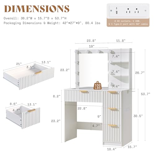 Image of AMERLIFE 36.2 inch Fluted Vanity Desk with Mirror and Adjustable LED Lights, Large 4 Drawers Makeup Table with Glass Top and Charging Station for Women and Girls, Bedroom or Dorm, White