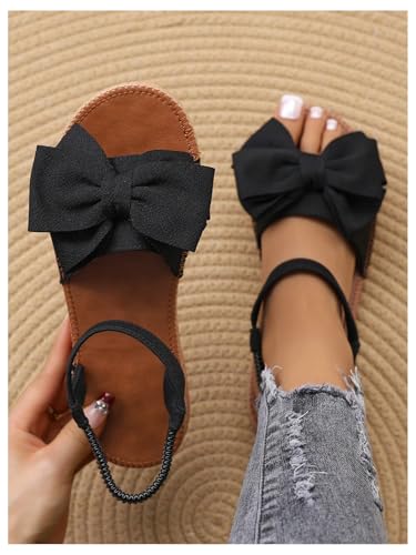 Image of GORGLITTER Women's Bow Flat Sandals 2026 Dressy Cute Ankle Strap Slides | Summer Shoes for Women 2026, Slip On Open Toe Flats, Slingback Slides, Vacation Dress Sandals