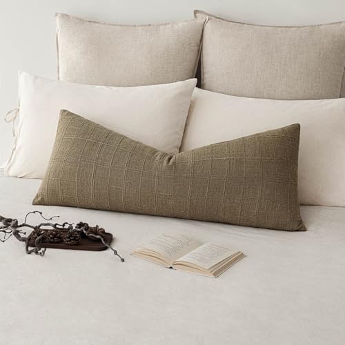 Image of Foindtower Set of 1 Decorative Linen Check Throw Pillow Cover Neutral Long Body Lumbar Cushion Cover Farmhouse Vintage Boho Home Decor for Sofa Chair Couch Bedroom Living Room,14x36 Inch,Light Brown
