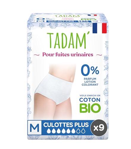 TADAM' - 9 Culottes Femme Incontinence Jour ou Post Partum, Absorption XXL, Taille M, Blanc, Discrètes, Confortables & Hypoallergéniques avec technologie anti-odeur.