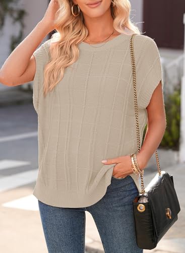 Image of Dokotoo Women's Casual Short Cap Sleeve Knit Tops Summer Loose Crewneck Solid Side Slit Shirts Blouses