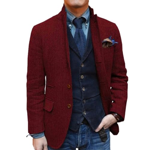 Mens Herringbone Tweed Suit Blazer Business Leisure Jacket Tuxedo Prom Groom Casual Coat