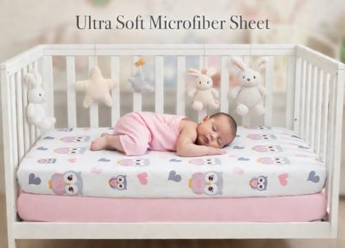 Image of Everyday Kids 2 Pack Fitted Girls Crib Sheet, 100% Soft Breathable Microfiber Baby Sheet, Fits Standard Size Crib Mattress 28in x 52in, Nursery Sheet - Sweet Owls /Pink