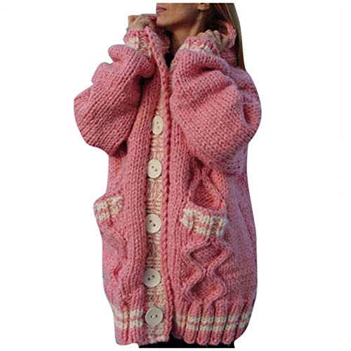 OutTop Women Winter Sweater Coat Fashion Cable Knit Hooded Button Down Oversized Loose Long Jacket Outwear w/Pocket (Pink, L)