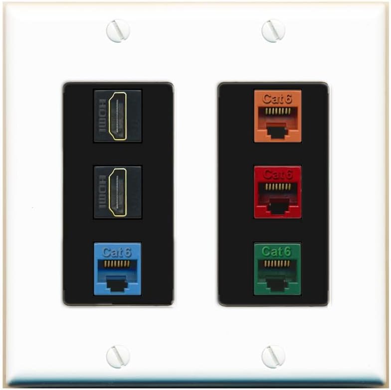 RiteAV 2 HDMI 4 Cat6 Ethernet Mixed Color Wall Plate - 2 Gang [Red/White]