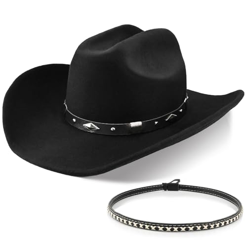 Image of 100% Wool Western Cowboy Hat for Men Women Classic Fedora Hat Felt Cowgirls Hats with Two Decorative Bands