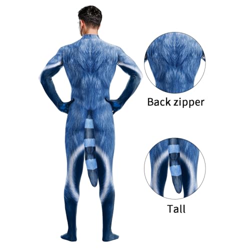 Image of Animal Full Bodysuit for Men Muscle Spandex Jumpsuit Furry Costume with Big Tail for Adult Cosplay Halloween Party