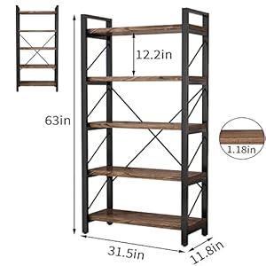 5 Tier Bookshelf Rustic Solid Wood Industrial Style BookcaseMetal and Real Wood Vintage BookshelfBook Shelves Home Office Retro BrownDark Matching credenzaLZ01 05tier 5Tiers