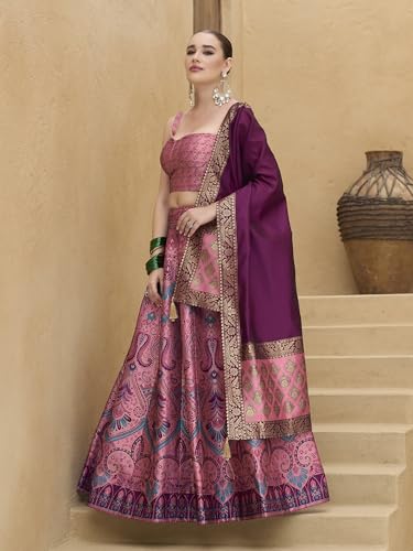 Image of PURVAJA Women's Kanjiwaram Semi-Stitched Lehenga choli