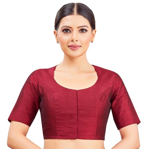 Image of Studio Shringaar Womens Basic Polyester Short Sleeves Textured Plain Coloured Art Silk Saree Blouse