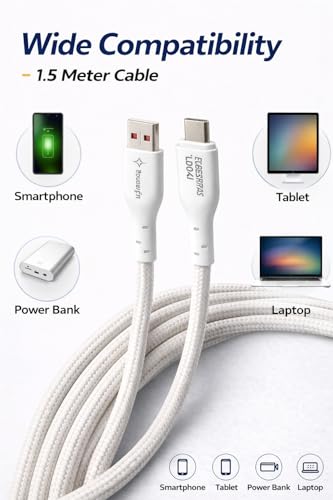 Image of USB Type-A to Type-C Fast Charging Cable, 120W SuperVOOC, Nylon Braided, 1.5 Meters, White (2, 150, Centimeters)