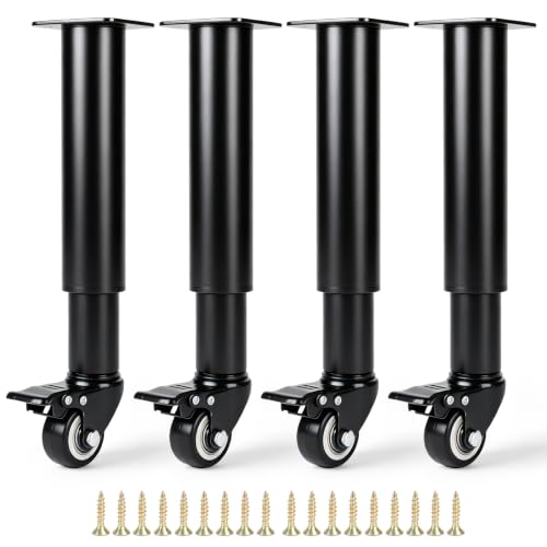 DBREAKS 4 Piezas Patas Regulables para Muebles con Ruedas 360° (24 36cm), Patas de Mesa de Metal Ajustables, Ruedas para con Frenos, para Muebles Armario Cama Sofas Mesa Escritorios Gabinet, Negro