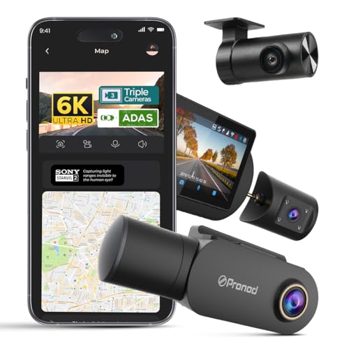 Image of PRONOD 6K Triple Dash Cam for Car Front and Rear | Dashcam for Car with Mic | AI Voice Control, ADAS, 2.45 inch Display, Sony Starvis 2 Sensor, GPS Tracking, WiFi App, 24H Parking Mode, Supports 512GB