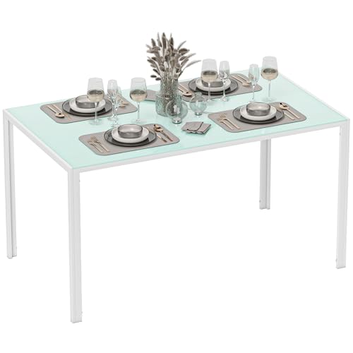 HOMCOM Table de salle à manger en verre rectangulaire pour 6 personnes avec pieds en métal, pour cuisine, salon, 140 x 80 x 75 cm, blanc