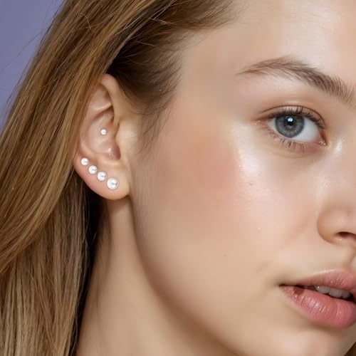 6 Pcs Flat Back Pearl Earrings for Women Gold Pearl Earrings Cartilage Piercing Earring Pearls Exquisite Pearls Earring for Gift Giving (3-8mm)3