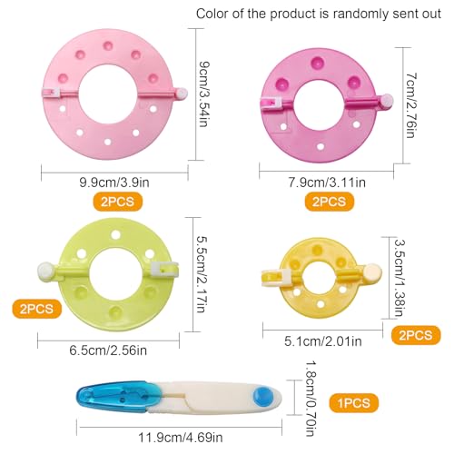9 Stück Pompom Maker Set, 8 Stück 4 Größen Pom Pom Makers mit Kleinen Schneideschere, DIY Bommel Maker Fluff Ball Weaver Nadel für DIY Handwerk, Hüte, Puppen, Dekoration