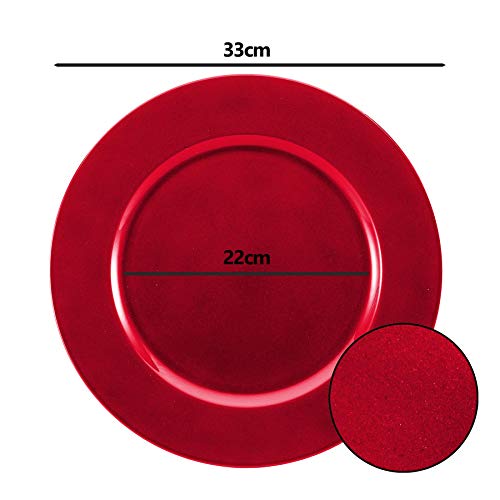 Decorative Reusable Plastic Charger Plates - Metallic Red Shimmer Effect - 33cm Diameter - Set of 6 Plates