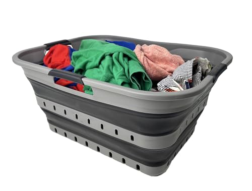 Image of SAMMART 42 (11 Gallons) Collapsible Plastic Laundry Basket, Foldable Pop Up Storage Container /Organizer, Space Saving Hamper, Portable Bin for Dorm Room Bathroom (1, Grey /Black)