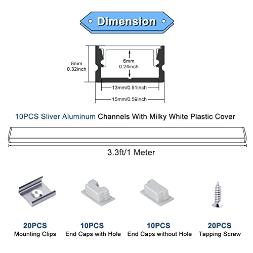 VST 10Pack 3.3 ft LED Aluminum Channel with Milky White Cover U Shape 15x8mm, Led Strip light Track With End Caps and Mounting Clips Accessories, Aluminum Profile for Led Strip Lights