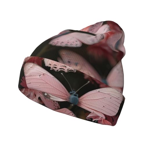 Un gorro de punto con estampado de mariposas rosas, cálido y cómodo, resistente al viento y transpirable para estaciones frías