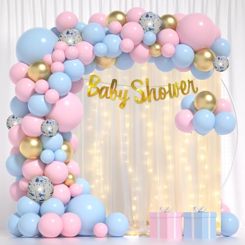 Image of Rozi Decoration Baby Shower Net Curtain with Fairy Lights Backdrop for Baby Shower Decoration Items Set of 85 Pcs Baby Shower Pastel Balloons Decoration Kit