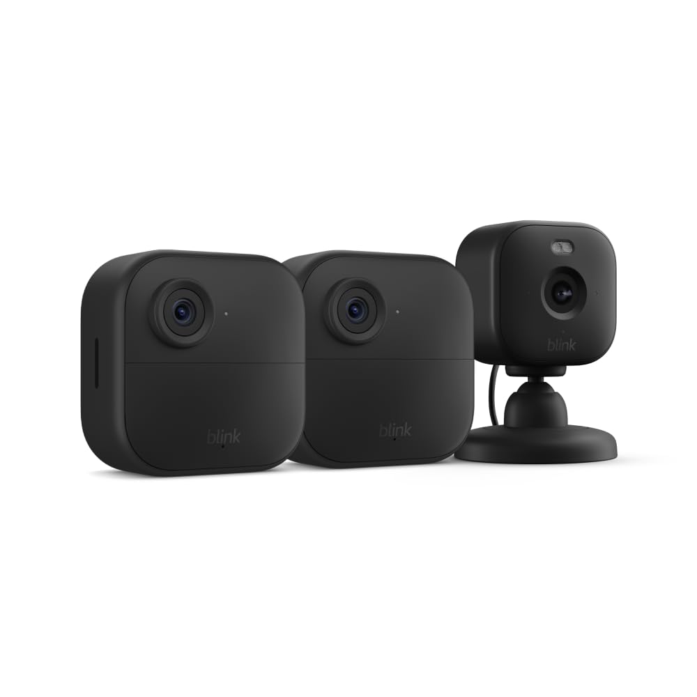 Blink Outdoor 4 + Blink Mini 2 – Smart security cameras, two-way talk, HD live view, motion detection, set up in minutes, Works with Alexa – 2 camera system + Mini 2 (Black)