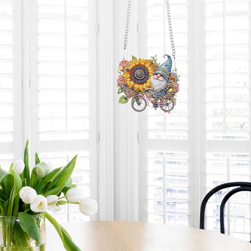 Image of AiYuanzsh 5D Diamond Painting Hanging Ornament, Gnome with Sunflower Design DIY Acrylic Pendant Kit, Handmade Diamond Art Suncatcher Decoration for Home Wall Window Gift