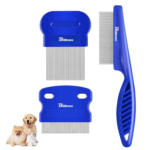 BRILLIRARE 3 Pack Dog Grooming Comb, Flea Lice Pet Combs, Stainless Steel Cat Combs with Rounded Teeth, Professional Metal Tear Stain Remover, Dematting Tool for Small, Medium & Large Pets