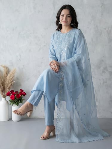 Image of INDO ERA Solid Straight Pure Cotton Kurta with Pant & Dupatta Set for Women